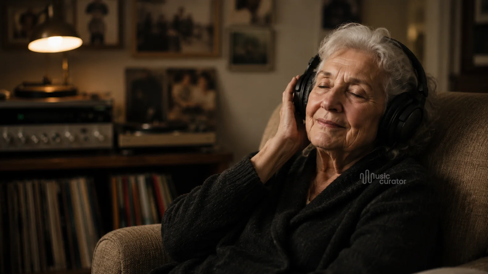 Persona mayor sonriendo y conectando emocionalmente al escuchar una canción familiar, ilustrando el poder de la música en Alzheimer