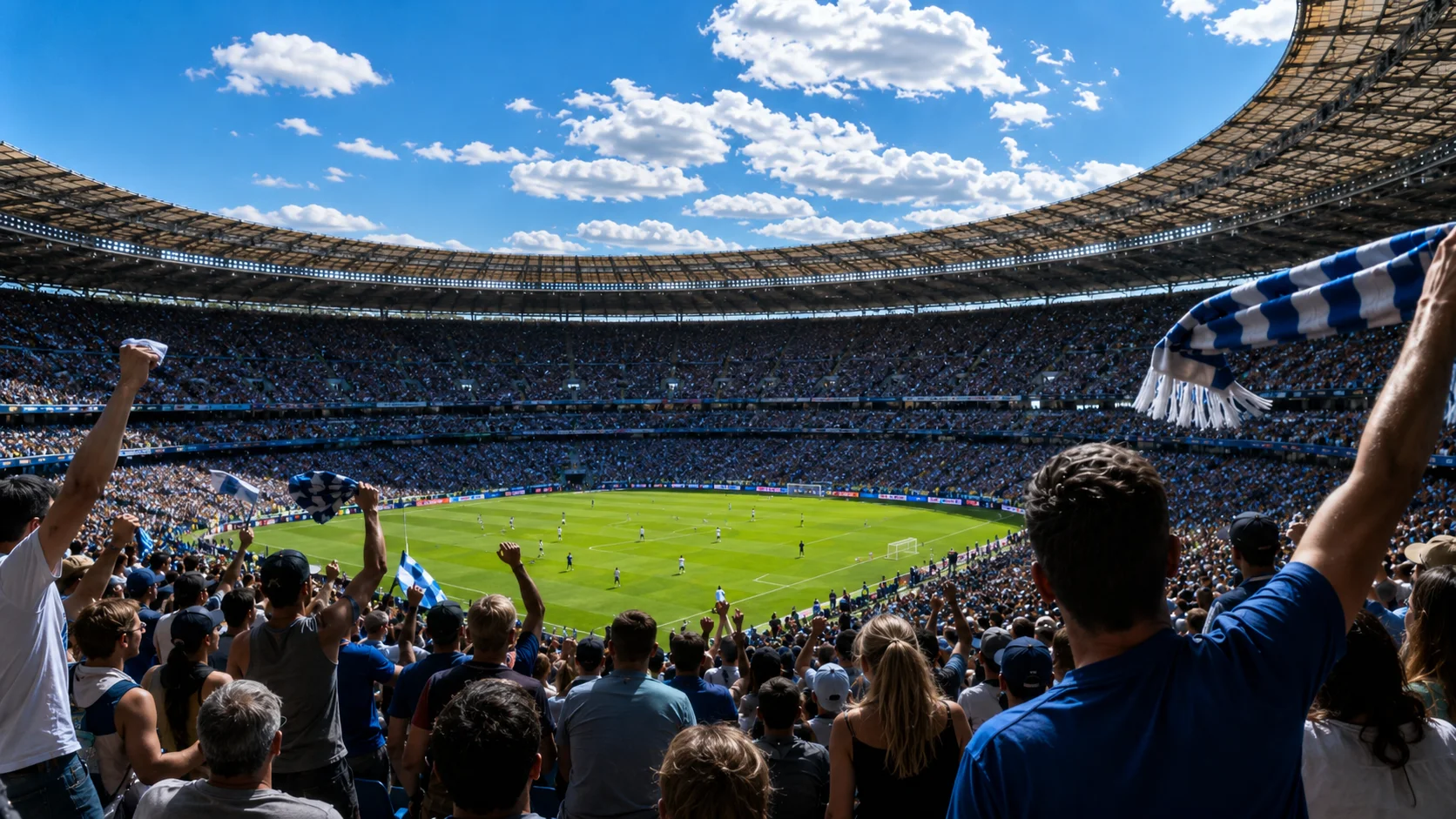 Multitud de aficionados cantando al unísono en un estadio durante el Mundial 2026, ilustrando la sincronización colectiva y la emoción